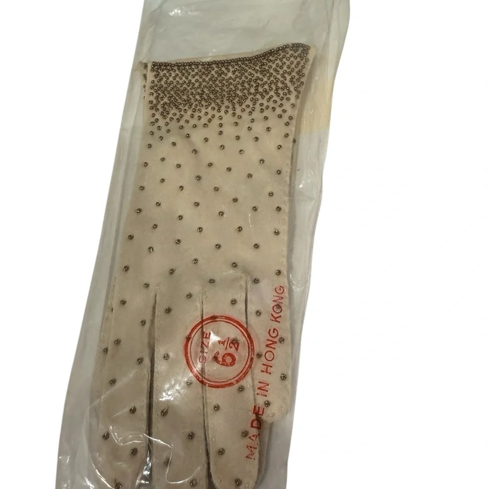 Simplex Vintage Evening Gloves Size 6 1/2 With Gold Beading at cuff Off White